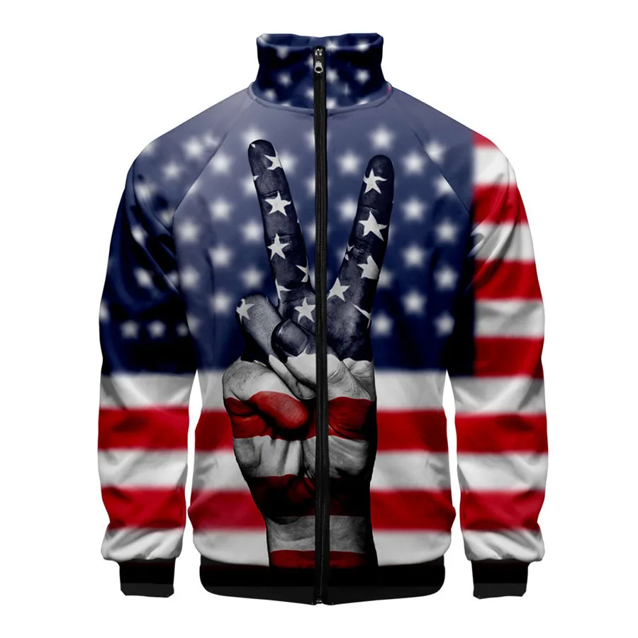 USA Flag American Stars and Stripes 3D Stand Collar Hoodies Men Women Zipper Hoodie Casual Long Sleeve Jacket Coat Clothes a01