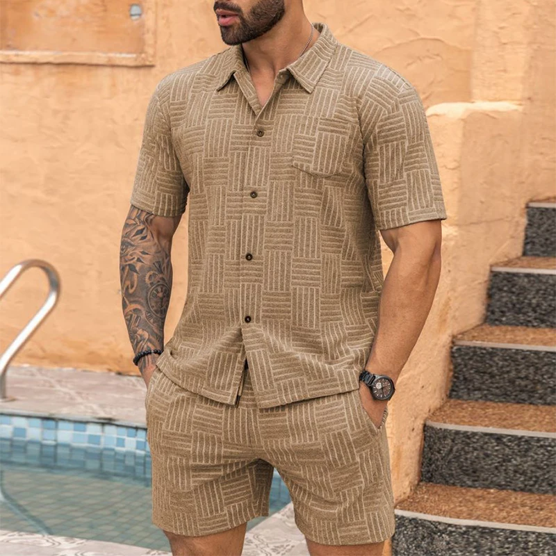 

Fashion Jacquard Solid Color Two Piece Sets Men Summer Daily Casual Short Sleeve Shirts And Shorts Outfits Leisure Mens Clothing