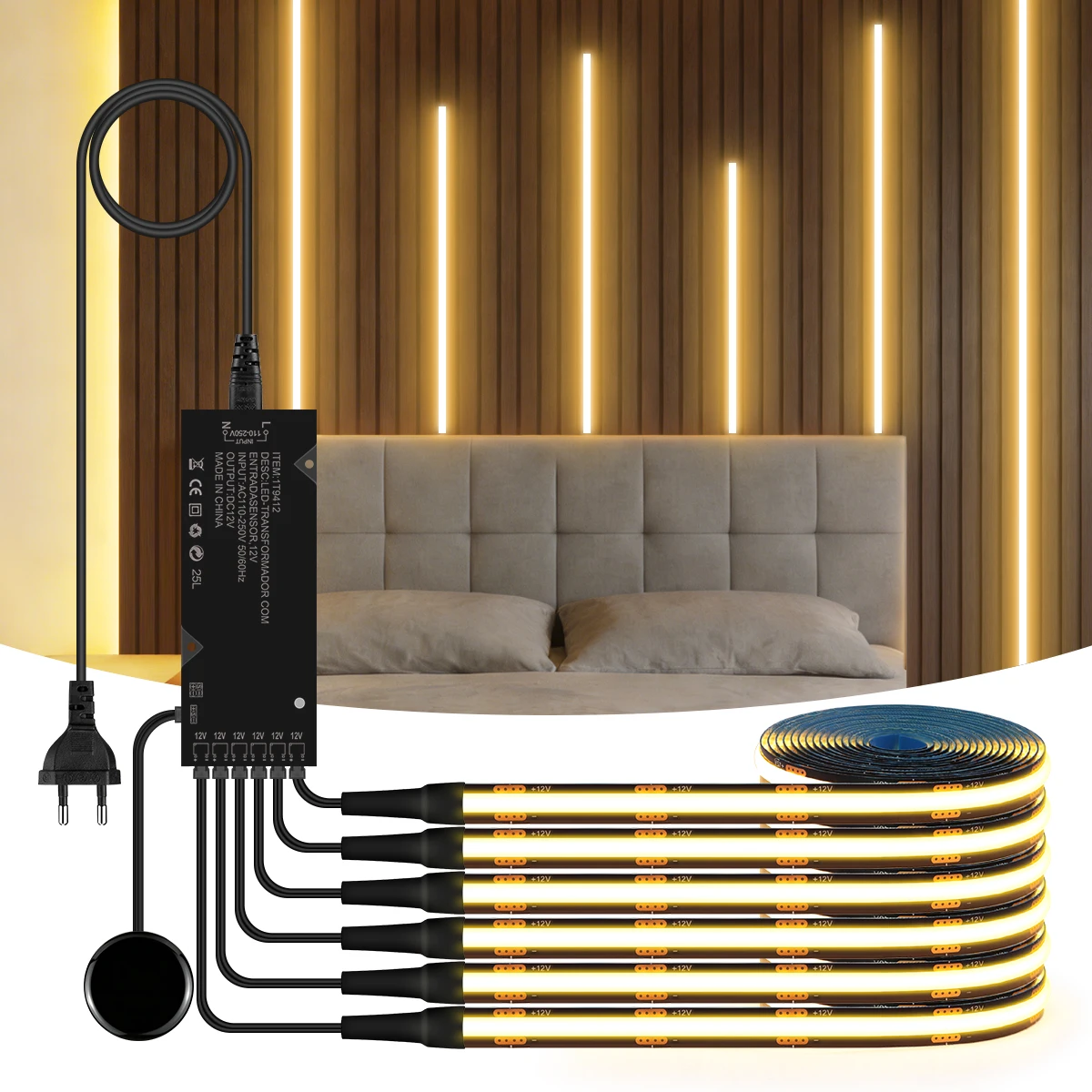 Rejilla de madera de nogal, cortina acústica, Panel de pared, tira de luz LED, Kit COB PCB negro, regulable al tacto para decoración de retroiluminación de gabinete y TV