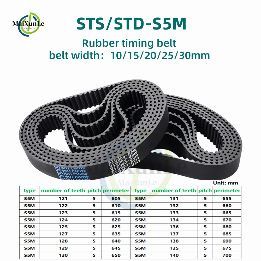 

STS/STD S5M Rubber Timing Belt Width 10 15 20 25 30mm Length 605/610/615/620/625/635/640/645/650/655-700mm Loop Synchronous Belt