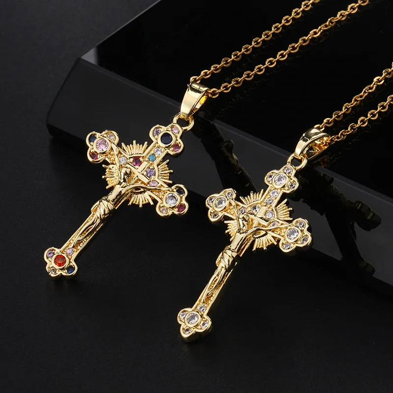 Elegant Multicolor Zircon Cross Necklace with Virgin Mary Pendant - A Perfect Religious Jewelry Gift
