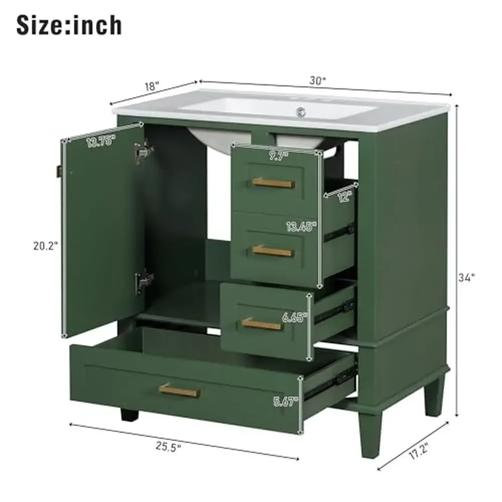 Bathroom Vanity Set 30" with Sink Cabinet Drawers Doors Modern Green Wood Single Vanity Floor Storage Organize Residence Quiet 2