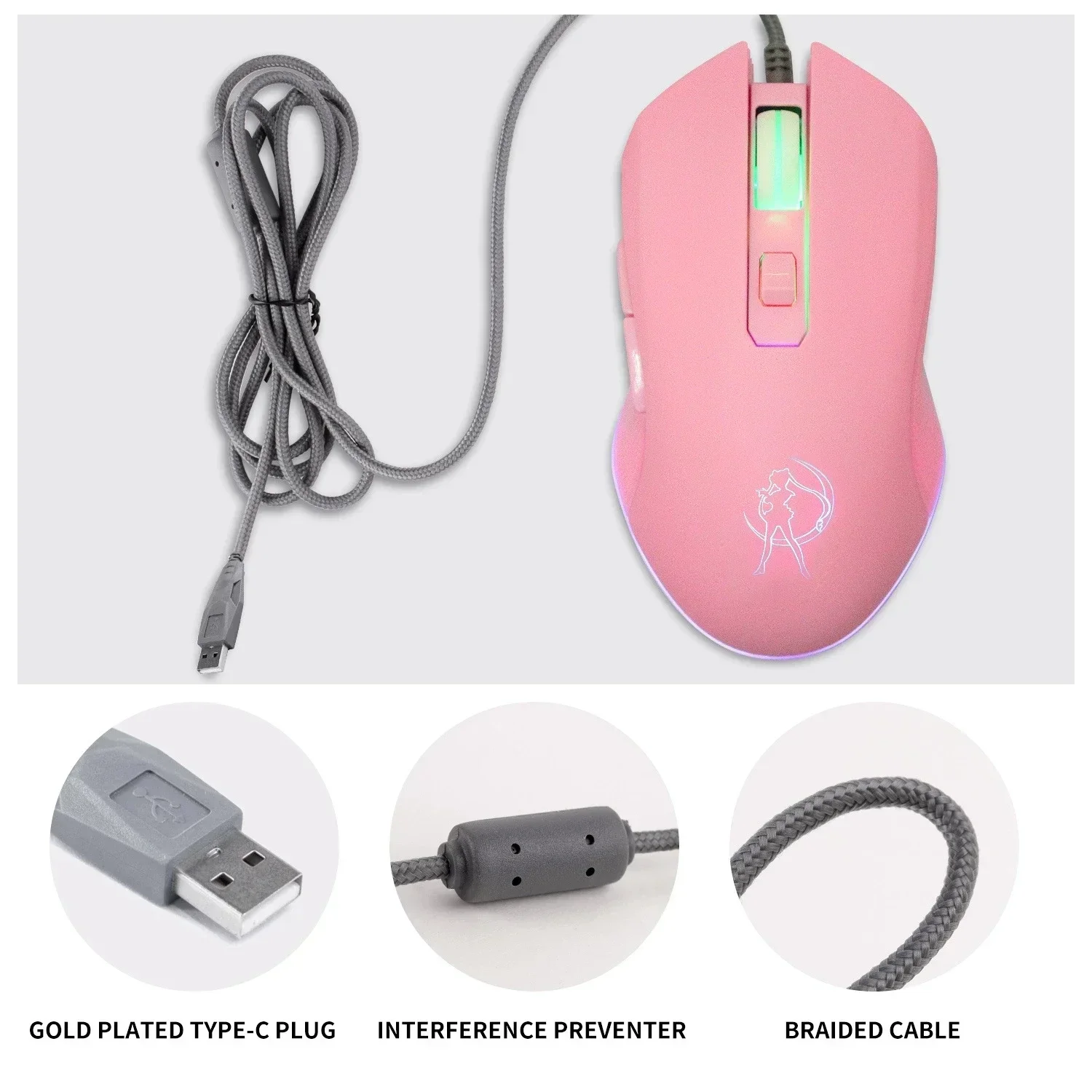 Pink Computer Mouse Colorful Backlit Gaming Mouse Optical Wired Fashion Sailor Moon Girl Women Silent 2400DPI