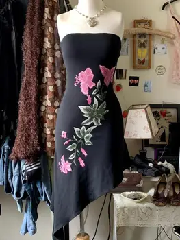 Hottie Streetwear Fairy Print Strapless Dress Harajuku Elegance Irregular Dresses Women Y2K American Slim Waist Tunic Vestidos 1