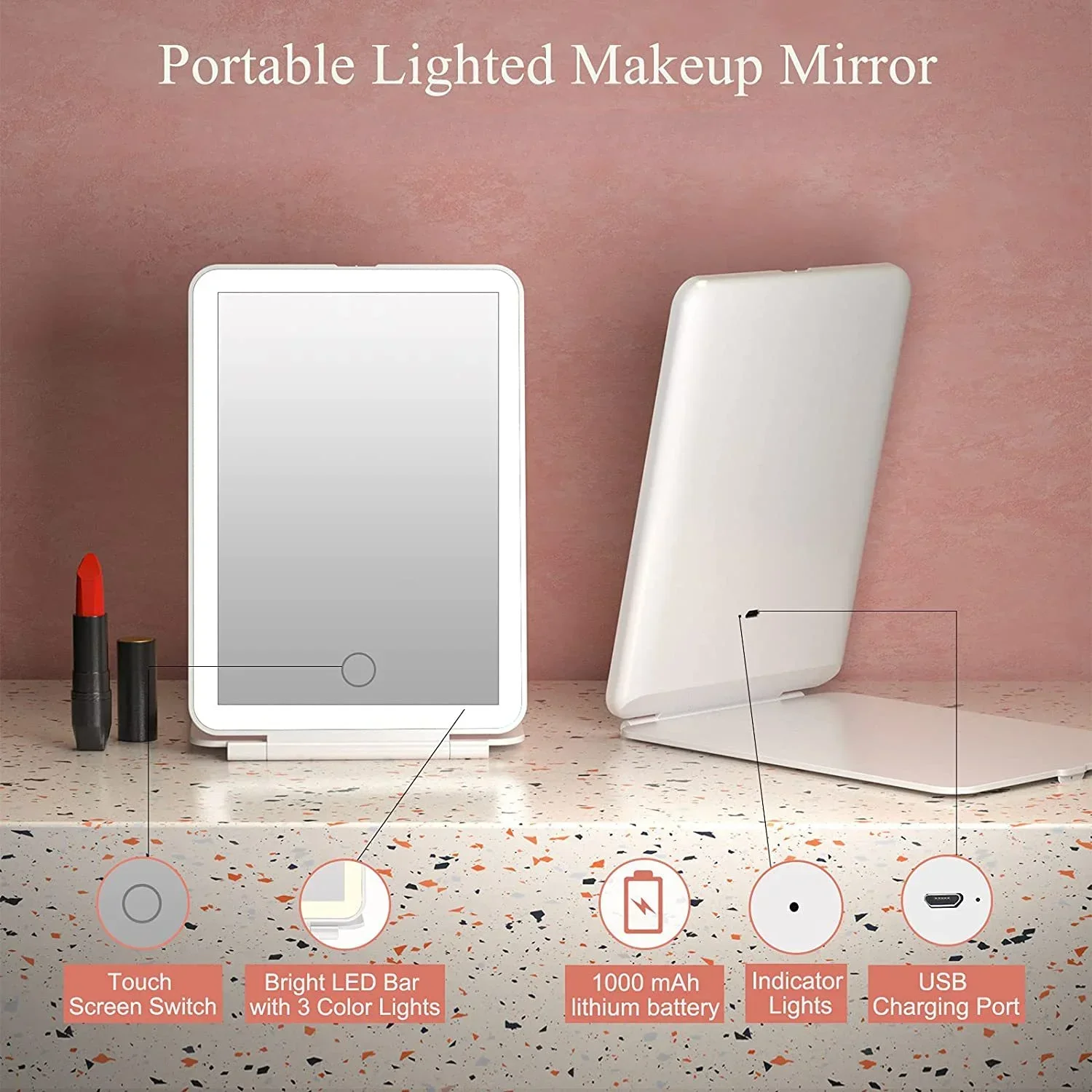 Makeup Mirror LED Foldable Travel Makeup Mirror 3 Colors Light Modes USB Rechargeable Touch Screen