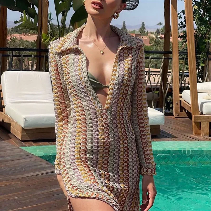 Crochet Dress y2k Clothes Women Geometric Print Turn Down Collar Long Sleeve Long Dresses Vintage Beach Party Dresses