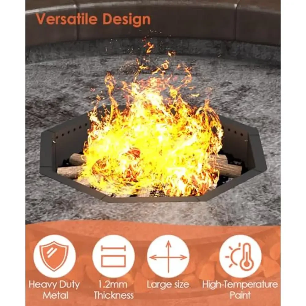 Ventilated Octagonal Fire Pit Ring 35" Solid Steel Liner DIY Firepit Outdoor Camping BBQ Party Year-Round Warmth Ambiance Easy