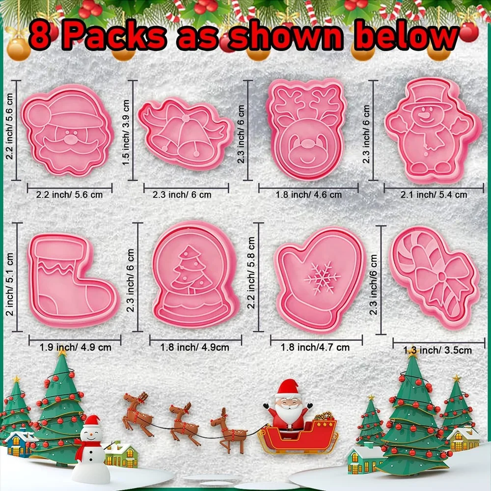 8 PCSChristmas Cookie Molds Christmas Dough Stamps Plastic 3D Cartoon Pressable Cookie Molds DIY Candy Baking Pastry Decoration