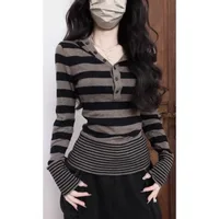 Y2K Striped Knitted Hoodies&Sweatshirts  Women Spring Autumn Japan Korean American Spicy Girl Retro Button Top Hooded Top New - Image 4