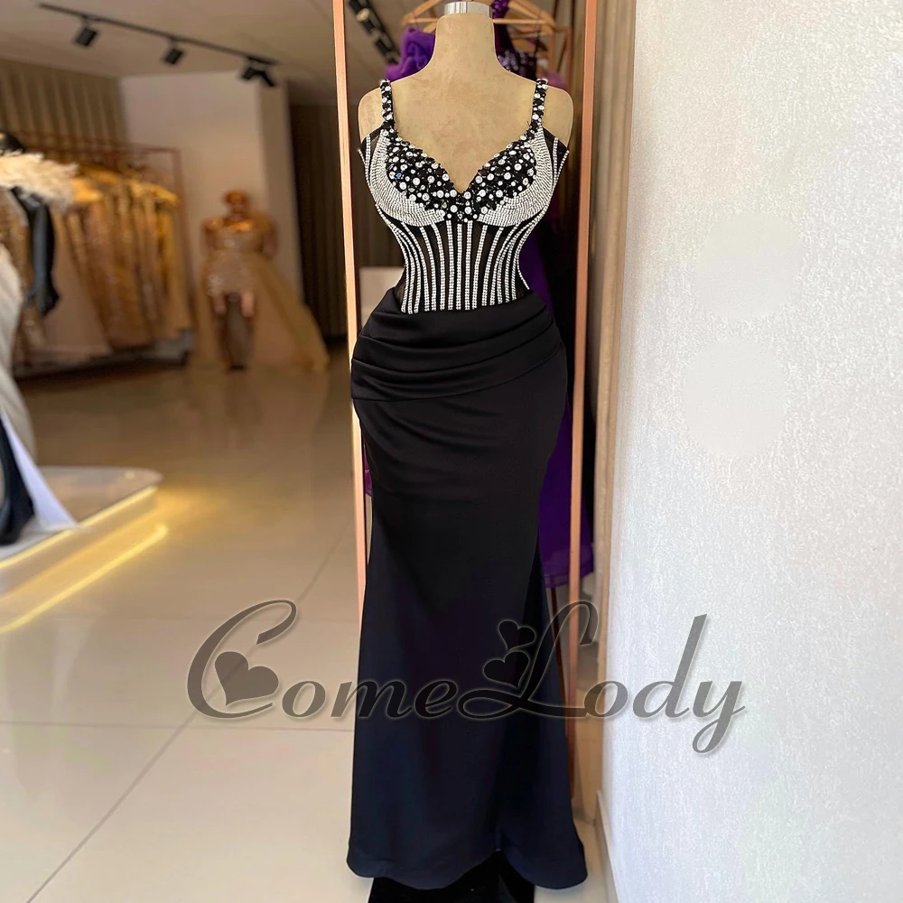 

Comelody Trendy Satin Evening Dresses for Women Rhinestones Zipper Spaghetti Straps Pleat V-neckline Robes De Soiree Customised