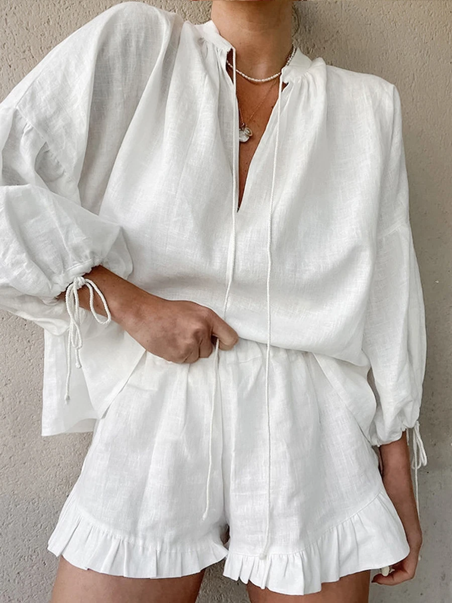 Casual Women s Summer Outfit Stylish Long Sleeve V-Neck Top with Tie-Up Detail and Elastic Waist Shorts Set for a Chic Look 5
