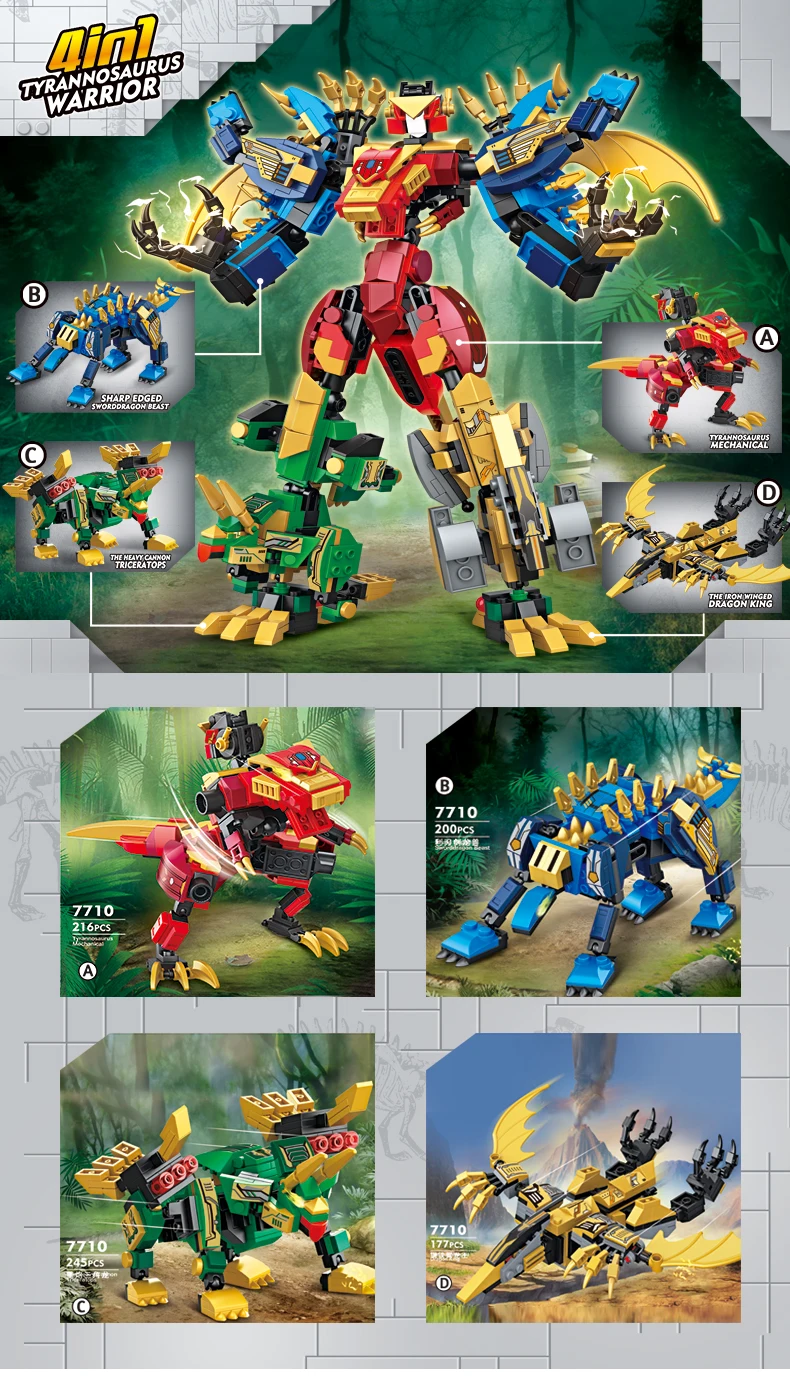4 in 1 Dinosaur Transformer Building Blocks - T-Rex Robot Jurassic Mech Model Ki