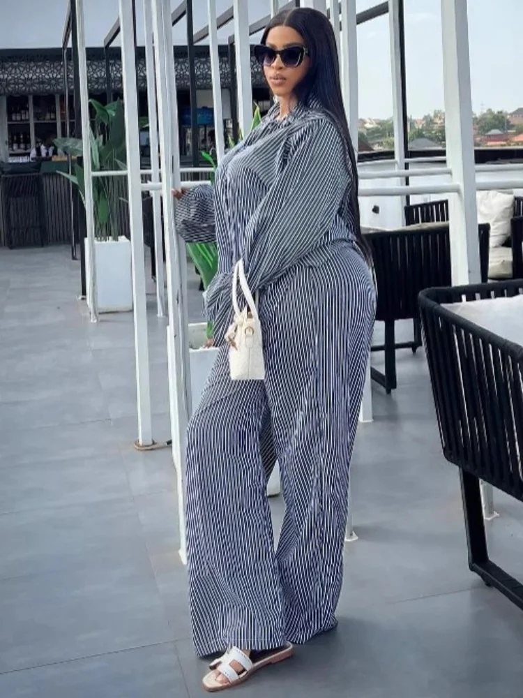 Wmstar Two Piece Set Women Wholesale Fashion Striped Flared Sleeves Long Sleeved Shirts Wide Leg Trousers African Casual Suits