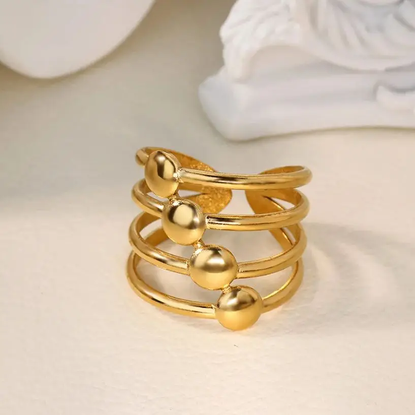 Fashion 3 Rows Beaded Rings for Women Gold Color Stainless Steel