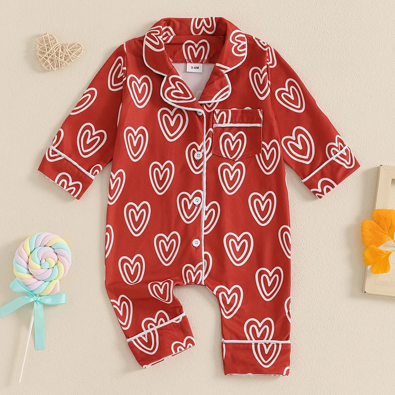 Infant Baby Girl Pajama Romper Sweet Heart Print Long Sleeve Lapel Neck Button-Down Sleepwear Jumpsuit Newborn Loungewear Outfit