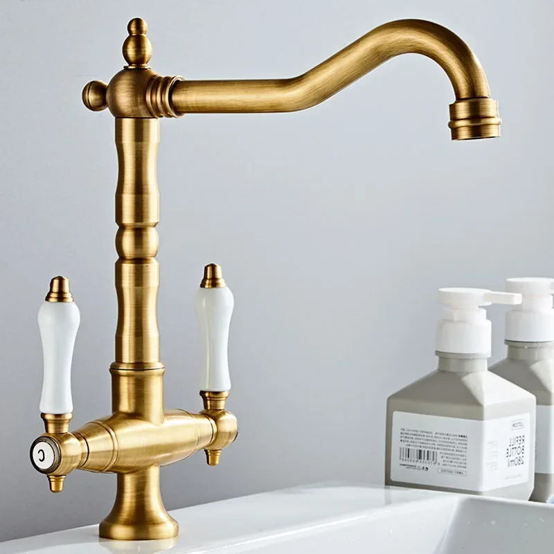 

Dual Handle Kitchen Faucet Antique Brass Retro Basin Faucet 360 Degree Rotation Sink Tap Single Hole Hot Cold Water Mixer Crane