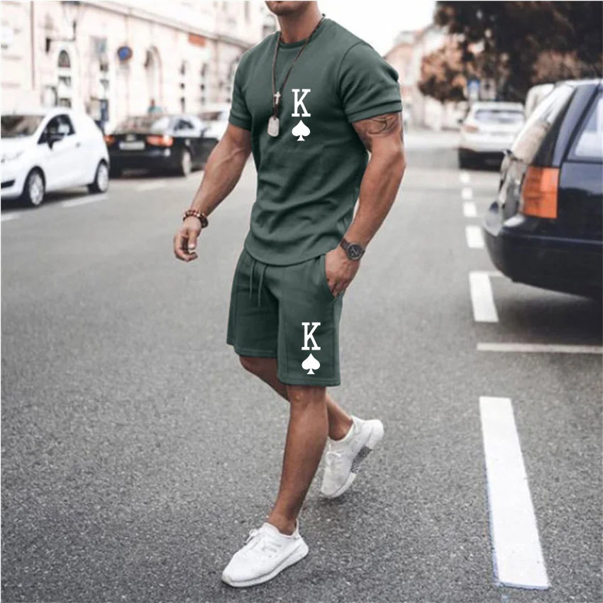 men's loungewear sets Men's Summer Fashion Sportswear Poker Pattern Short Sleeve T-Shirt + Loose Pants Solid Color Two Piece Casual Street Suit 6xl mens shorts and t shirt set