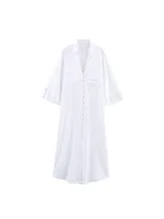 2025 Women Summer Shirts Dress Vintage Solid Linen V-Neck 3/4 Sleeve Loose Female Elegant Street MIDI Dresses Clothing - Image 2