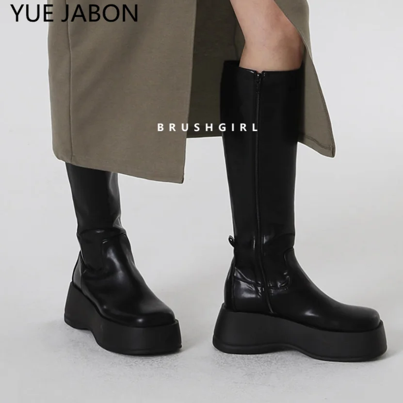 

2024 Winter Woman Punk Knight Boots Fashion Zippers Long Boots Shoes Ladies Elegant Platform Wedges High Heel Women's Pumps