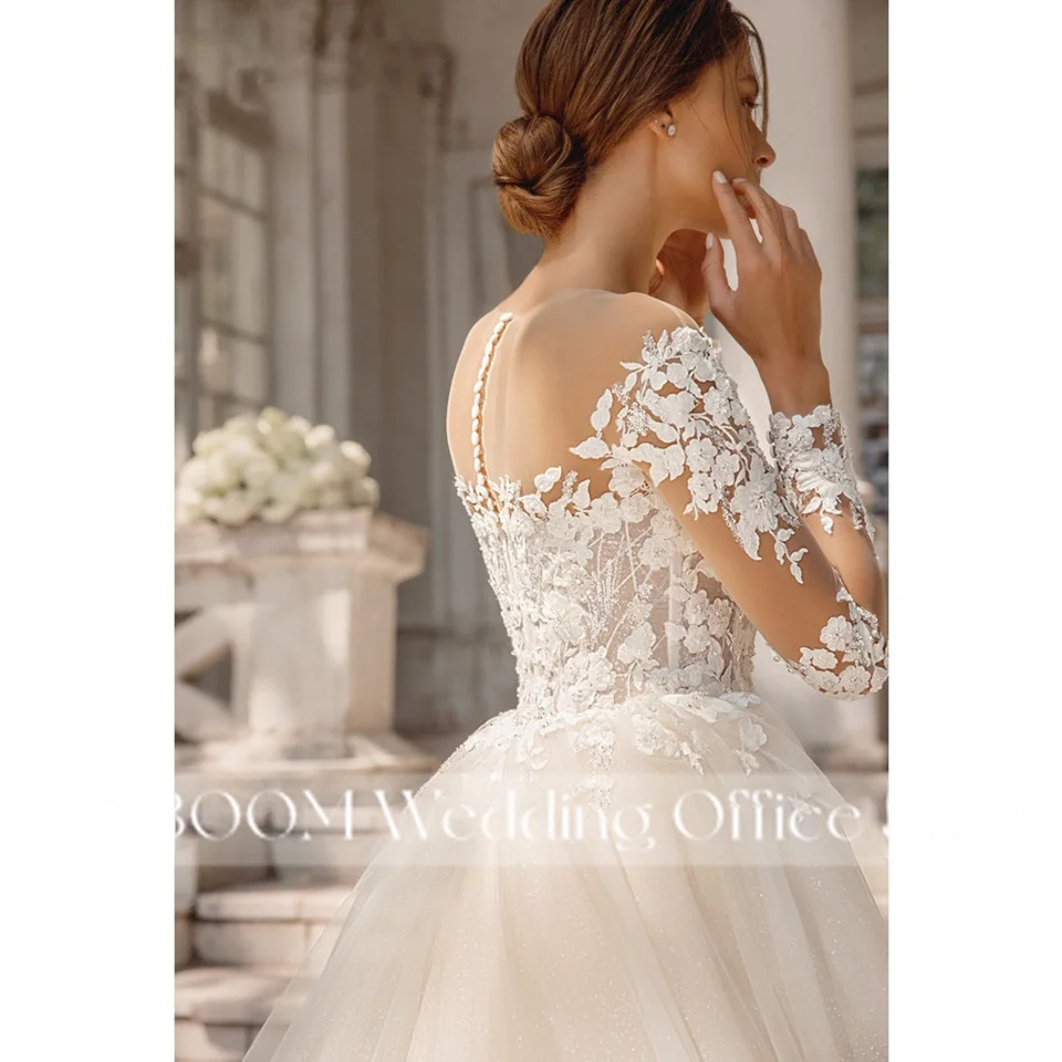 Maßgeschneiderte Elegante A-Linien-Hochzeitskleider mit Illusionsärmeln 2026 Prinzessinnen-Brautkleid mit Spitze und Abnehmbarer Schleppe Vestido De Novia – Detail 7