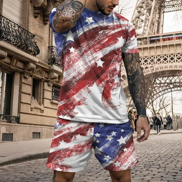 Men's Crew Neck Short Sleeve T Shirts Big V Fire Flag Print Drawstring Shorts  Two Piece Suit, Free Shipping For New Users