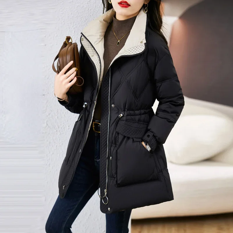Down Jackets Women Winter Mid-length Coats Small Popular Fashion Slim Waist White Duck Commuting Straps Fluffy Keep Warm Tops