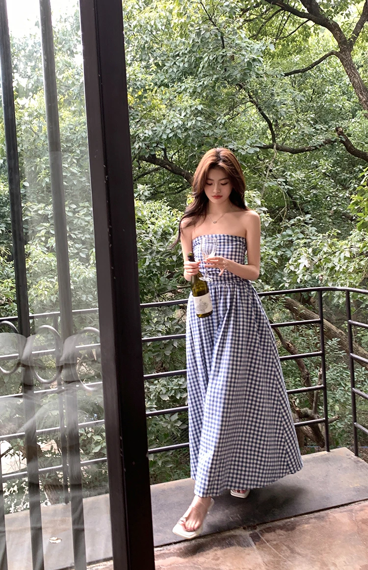 Casual Strapless Midi Dresses for Women Striped Sleeveless A-line Korean Chic Summer New Party Dress Vestidos Mujer