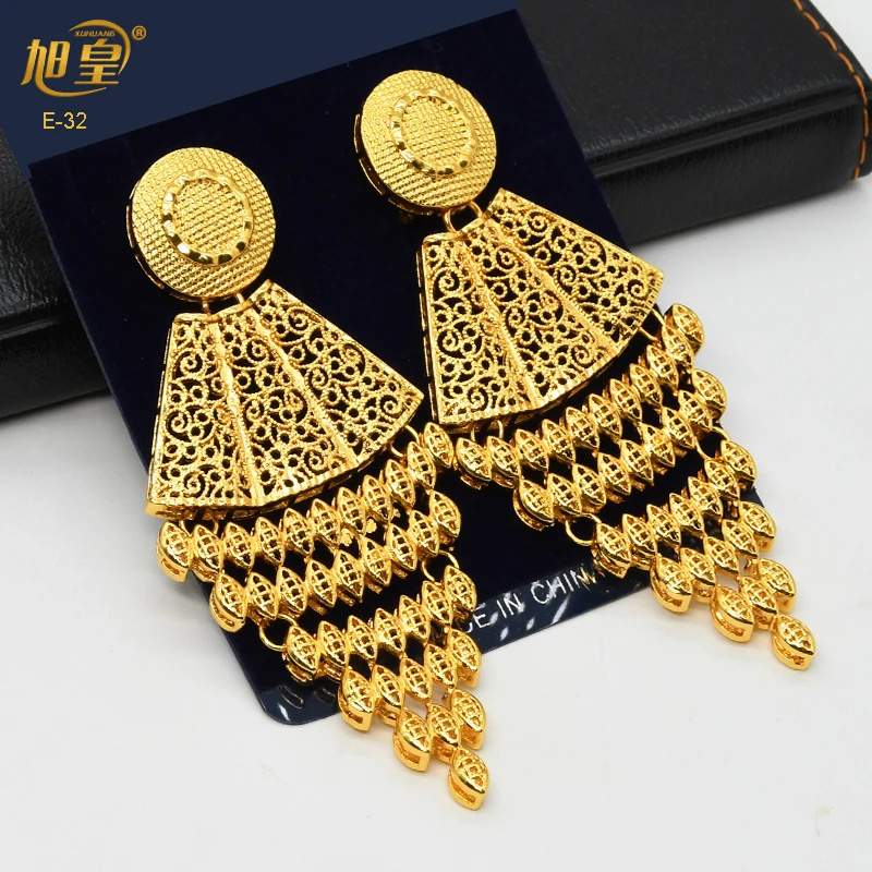 XUHUANG Nigerian Bridal Wedding Earrings With Square Shape Tassels African Dubai Plated Long Earrings Party Pendant Jewelry Gift