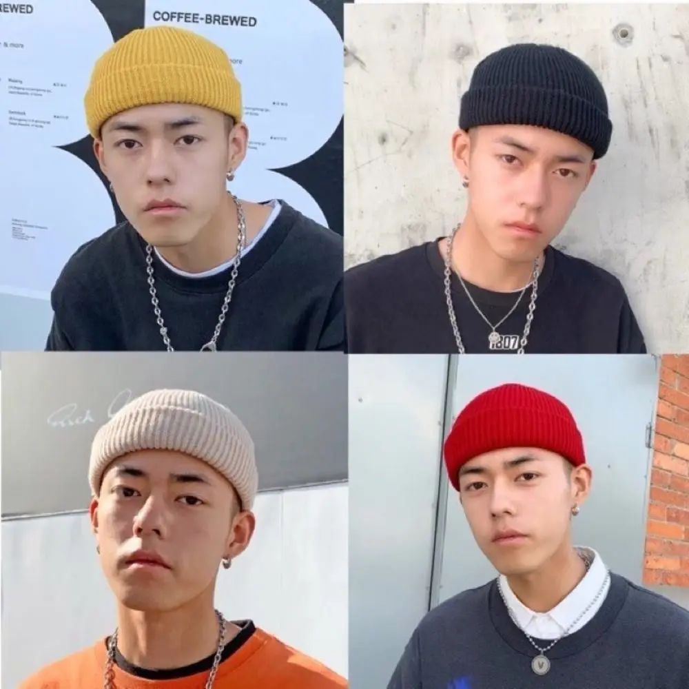 Lässige Strickmützen im koreanischen Stil mit Flansch, kurze Hip-Hop-Mütze, warme Fischermützen für Herbst und Winter