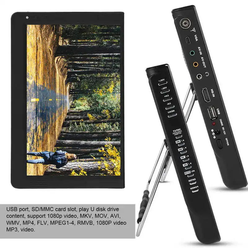 12in Portable Digital TV portable tv 1280x800 HD LED Handheld Television Player 1500mah Rechargeable Battery for Home Car 110-240V