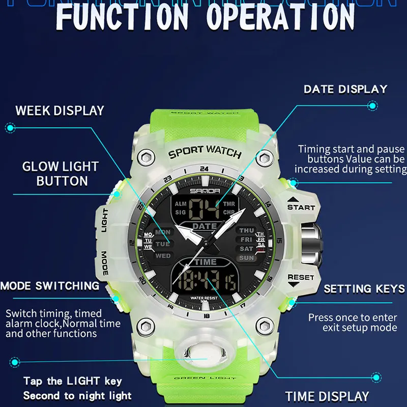 SANDA Dual Display Men Watches Waterproof Sports Watch Military Man Alarm Stopwatch Quartz Wristwatch Male LED Digital Clock6126 5