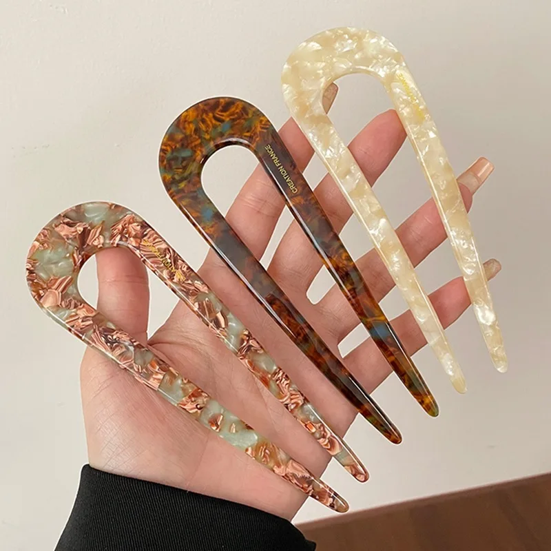 Elegant Marble Print U-Shaped Hair Fork - Acetate Geometric Hair Clip Stick for Bun Maker and Vintage Hairstyles