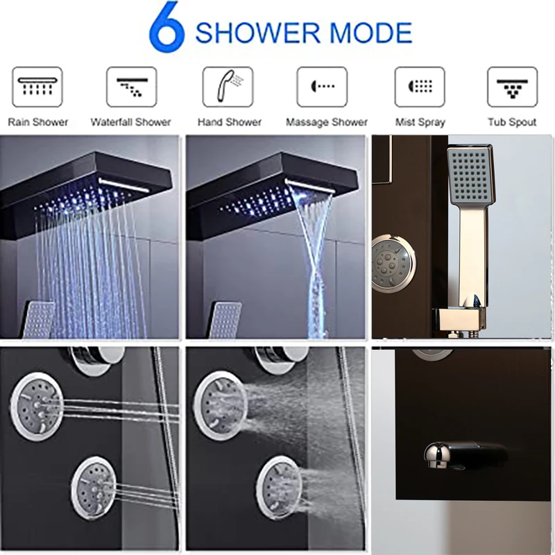 OUIO Black Shower Panel Wall Mounted LED Rainfall Shower Head Rain Massage Stainless Steel Bathroom Shower Panel Bathtub Mixer 2