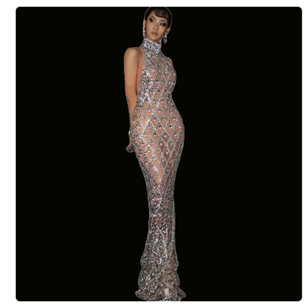 

Блестящее Серебряное платье с блестками без рукавов для дня рождения, свадебное платье, блестящее стрейчевое Сетчатое прозрачное танцевальное платье