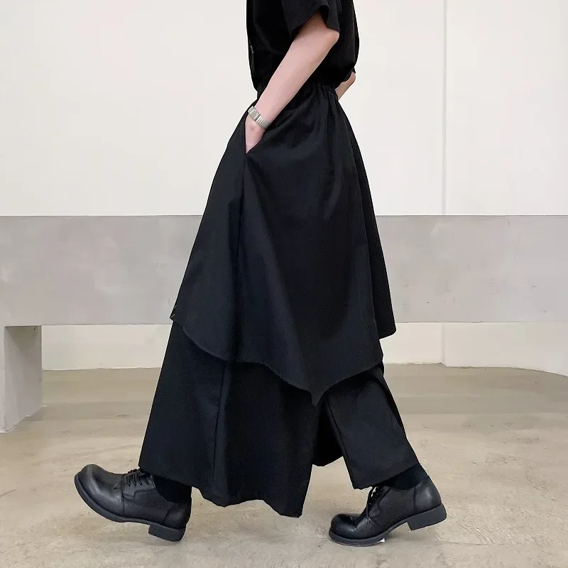 Mens Wide Leg Pants Striped Patchwork Streetwear Elastic Waist Irregular Skirts Trousers Loose Punk Japanese Dark Fighter Pants wide leg pants