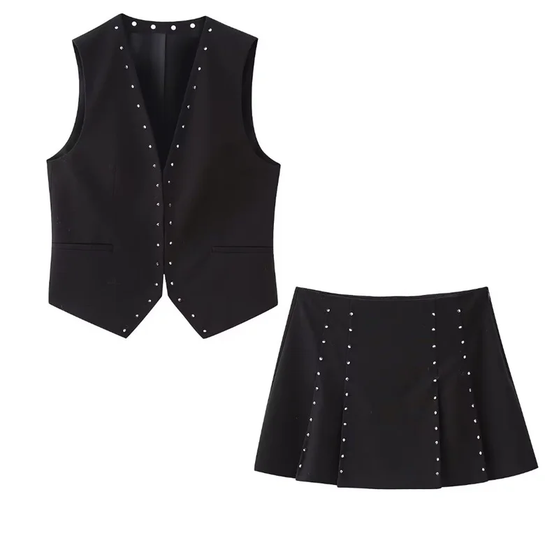 

2023 New Women Black Rivet Decoration Vest Set Spring&Autumn Fashion High Street Versatile Mini Slim Short Skirts