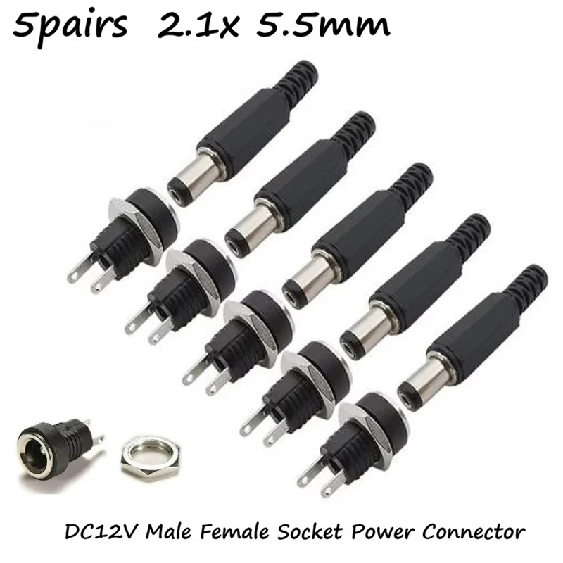 5쌍 DC 12V 암수 소켓 패널 장착 배럴 잭 플러그 전원 커넥터 암잭 나사 너트 패널 장착 커넥터