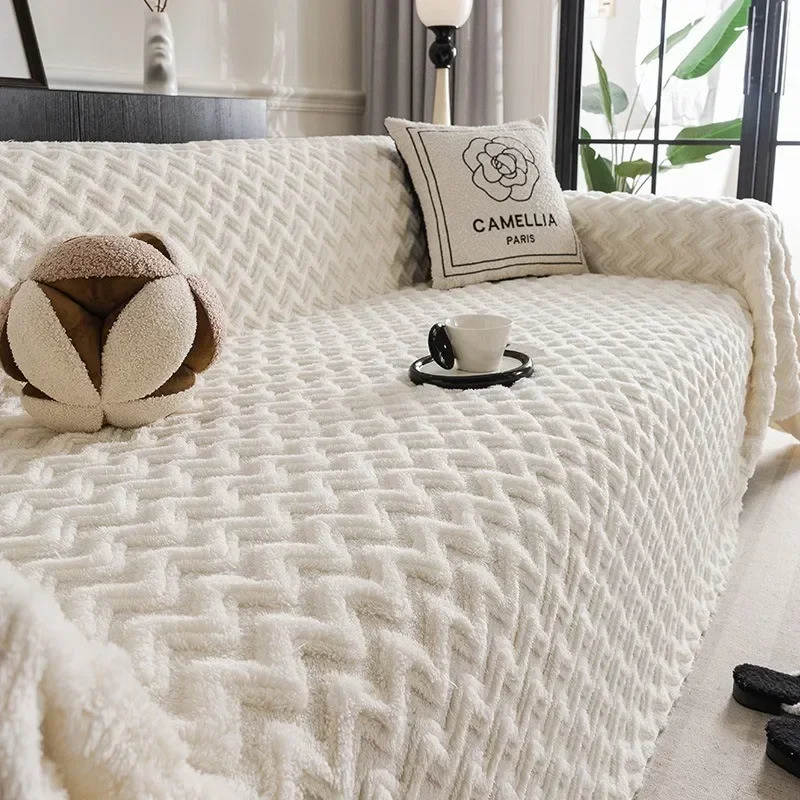 Solid Color Sofa Towel Winter Thick Plush Fully Covered Settee Cushion Home Living Room Decoration Soft Comfortable Lazy Blanket 2