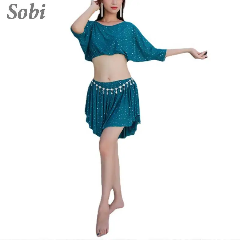 

2PCS Oriental Belly Dance costume Suit Stage Performance Short Sleeves Tops+Skirt Female Practice belly Dancing Training Suit