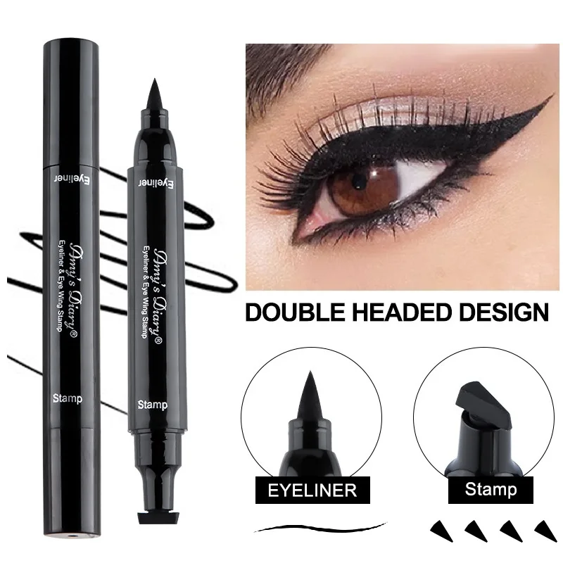 Black Liquid Eyeliner With Stamp Waterproof Thin Eye Liner Pencil Matte