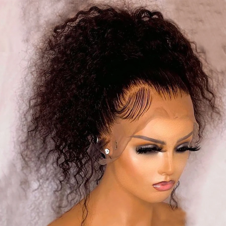 

Soft Natural Black Kinky Curly 26Inch Long Lace Front Wig 180Density Glueless BabyHair Preplucked Heat Temperature Daily Cosplay