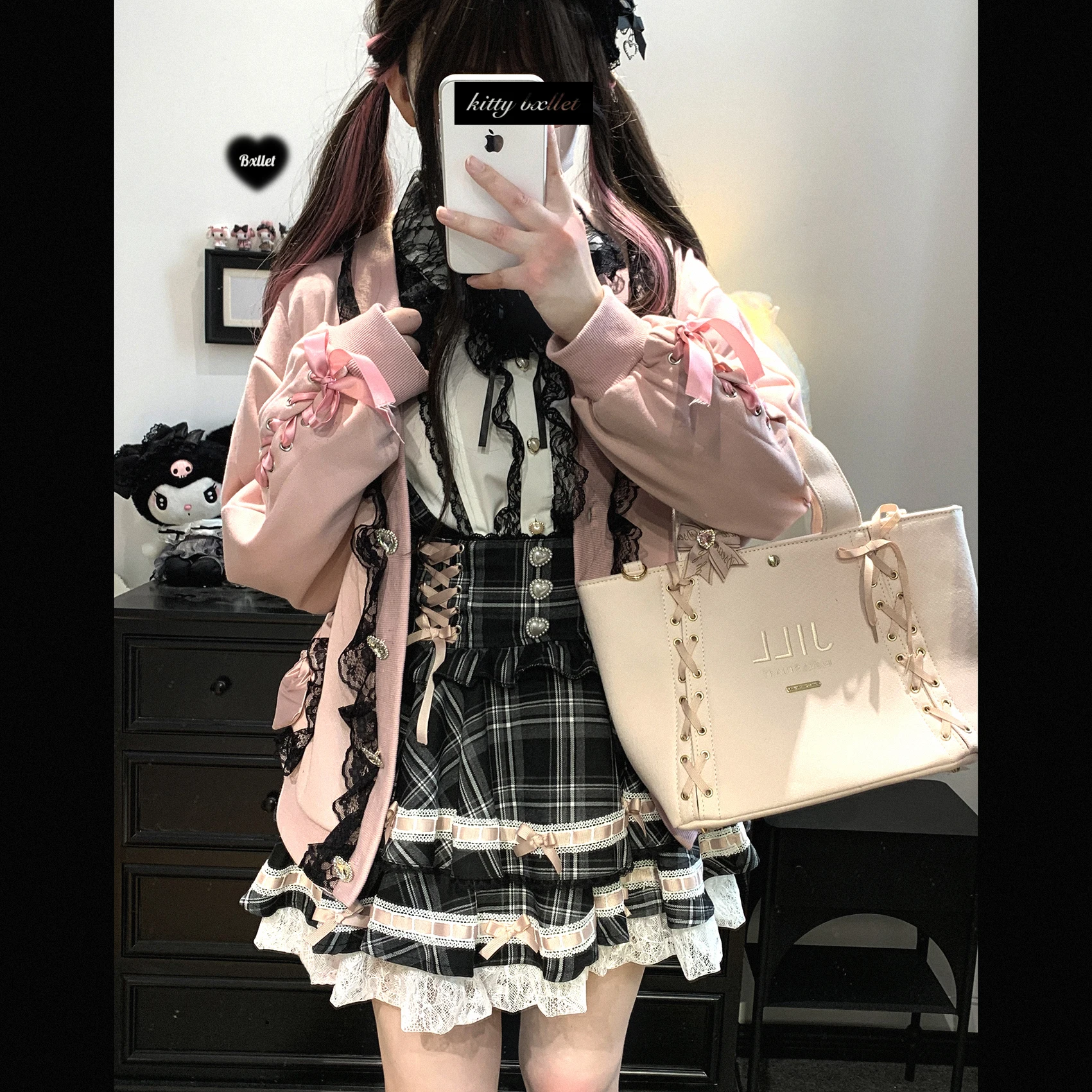 Japanese Mine Style Sweet Versatile Suspender Skirts Lace Splicing Flying Sleeve Bow Heart Button High Waist Plaid Skirt Women
