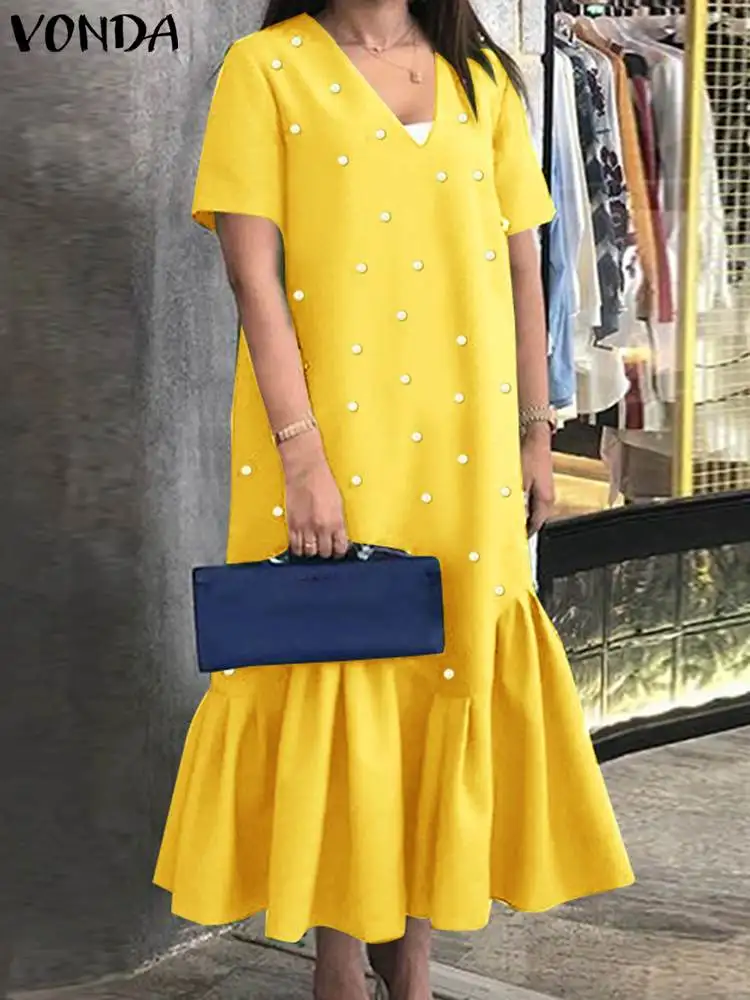 

Женское Элегантное Длинное Платье VONDA 2024, летние повседневные платья с бусинами, с коротким рукавом, V-образным вырезом и оборками, женский сарафан средней длины