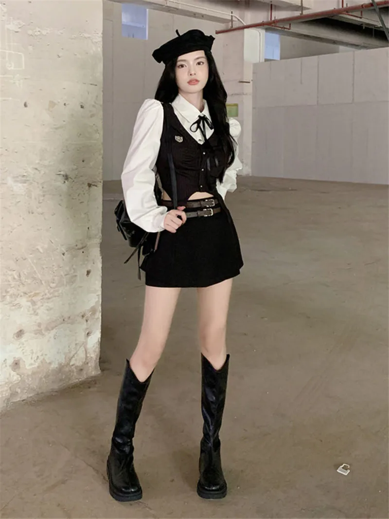 Spring Autumn Korean American Spicy Girl JK Uniform Set Slim Hallow Spliced Shirt Preppy Style Sexy High Waist Skirt Double Belt