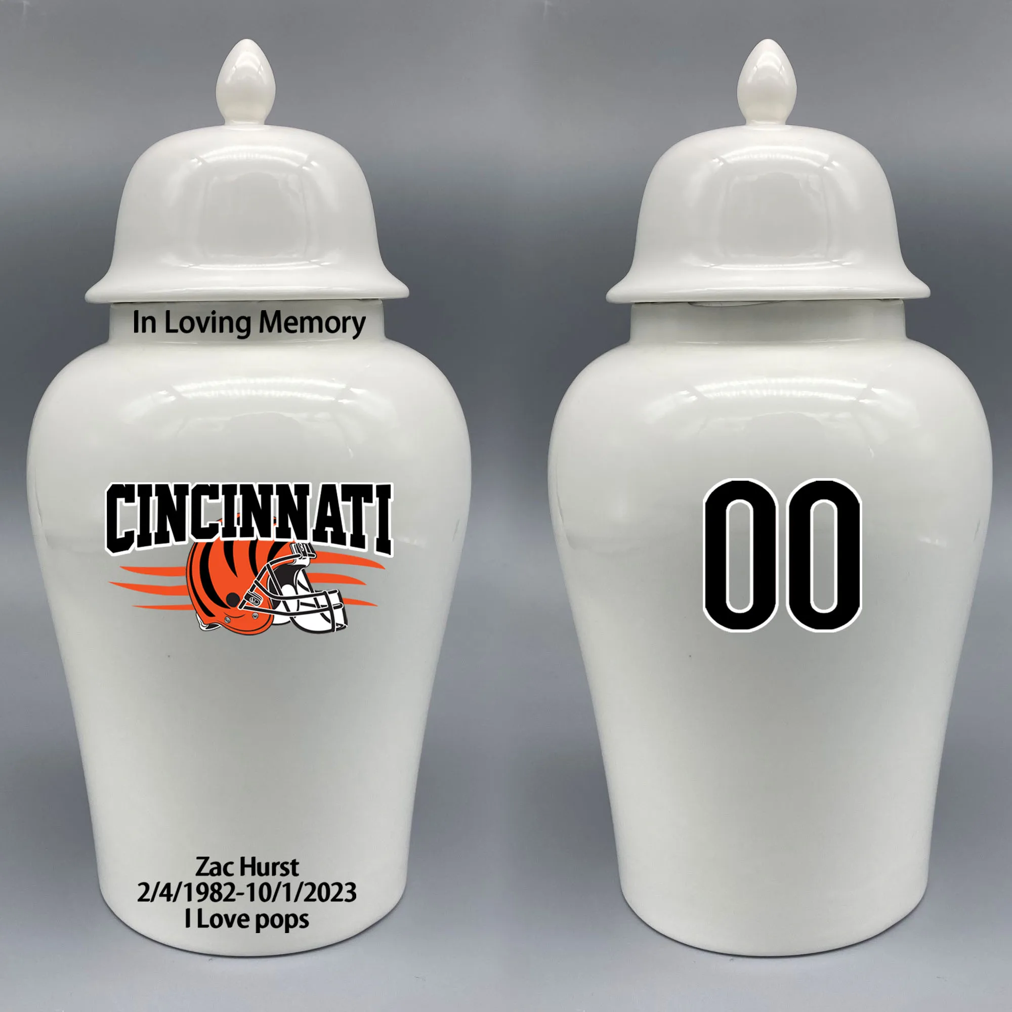 

Large Urn for Cincinnati Bengals-themed Logo Urn.Please send me the customize information-name/date and number on the urn