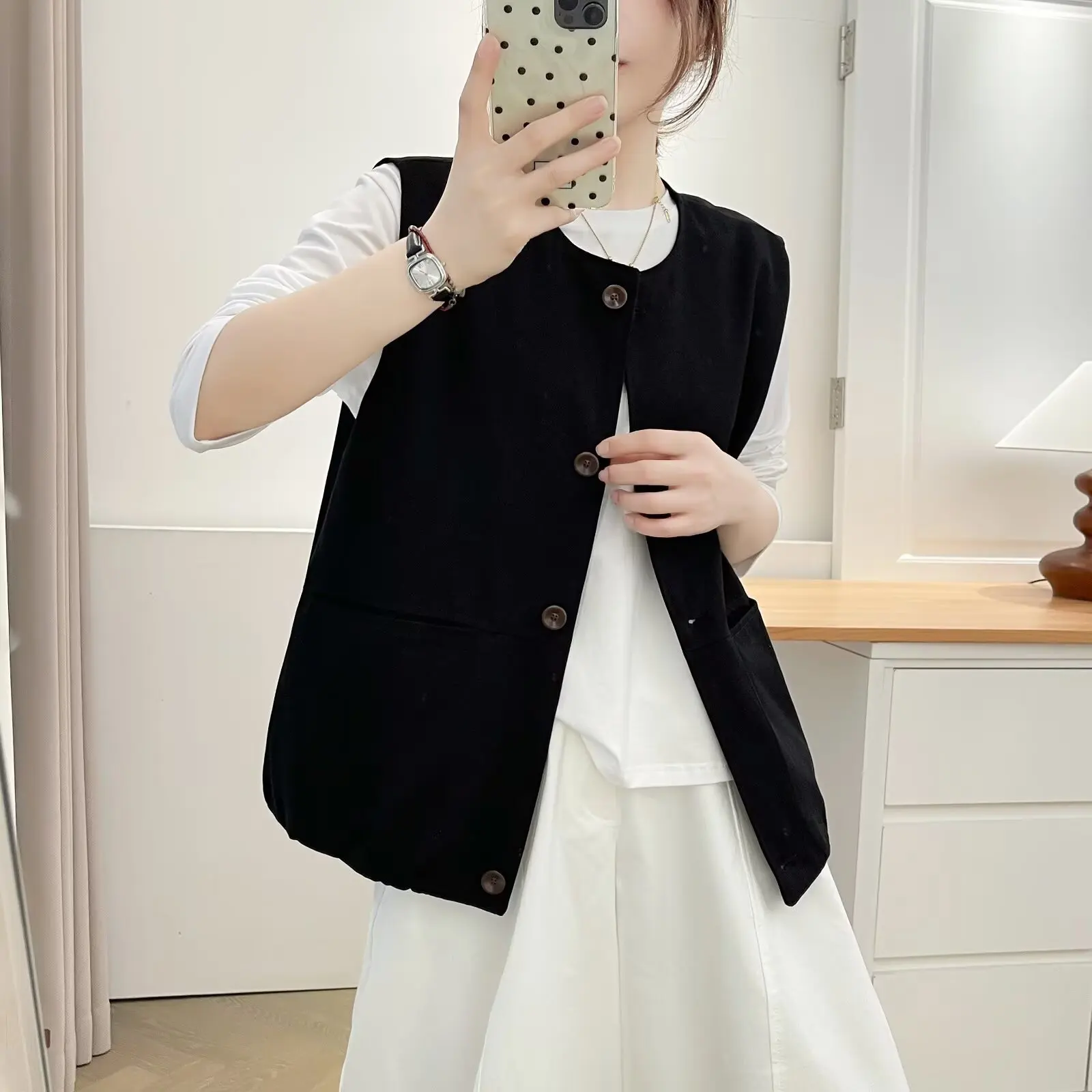 Fashion Plus Size Women's Sleeveless Vest Autumn New Versatile Solid Color Retro O-Neck Waistcoat 2559