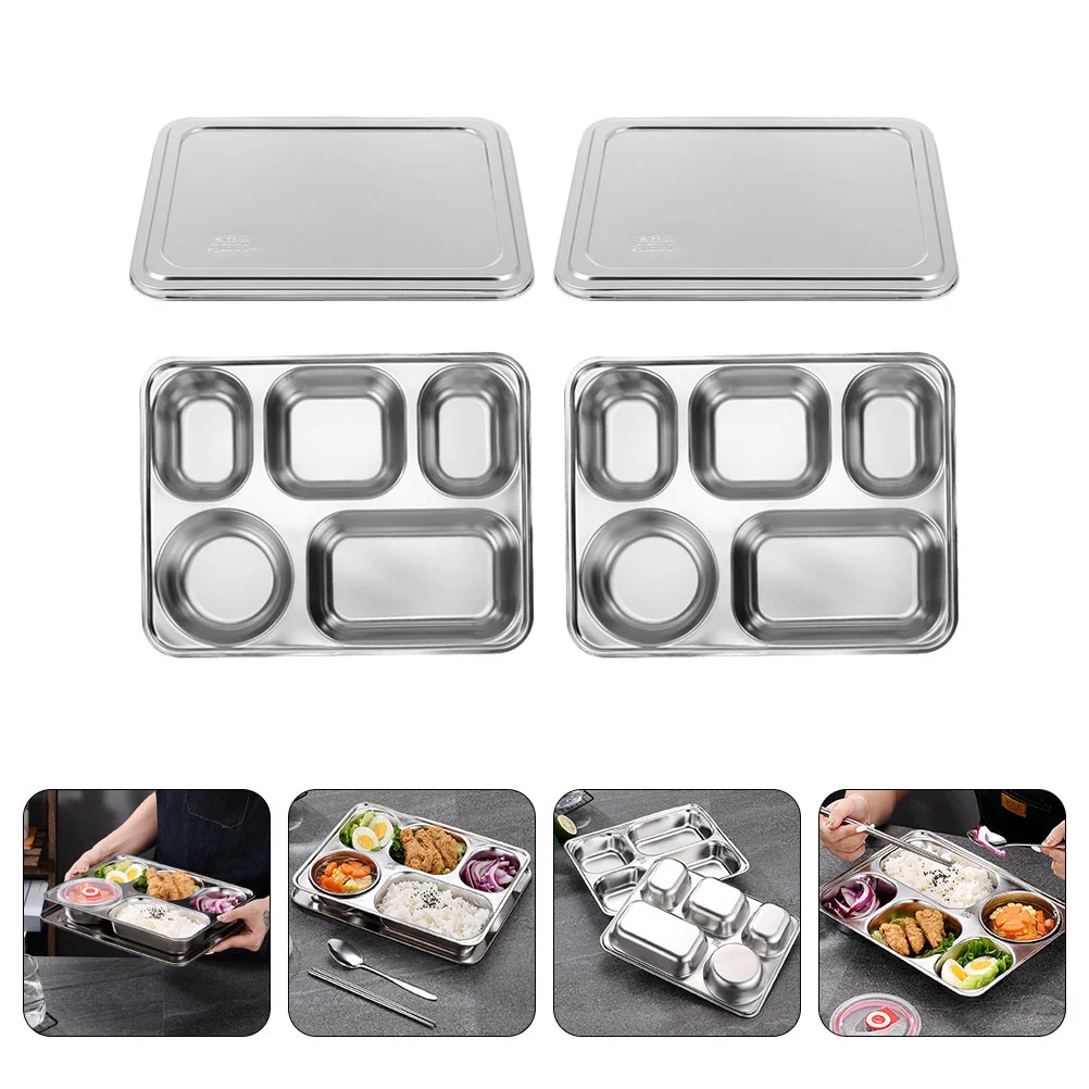 

2 Sets Snack Plate Fast Food Tray Thickened Tableware Lunch Box Compartment Divided Stainless Steel Kitchen