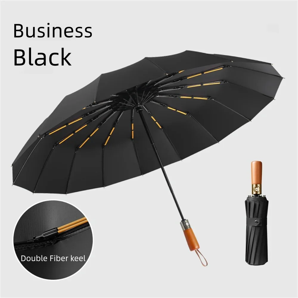 Windproof 32 Bone Business Umbrella for Men, Fully Automatic Wooden Handle, Large Folding, Waterproof Sunshade Luxury Umbrellas