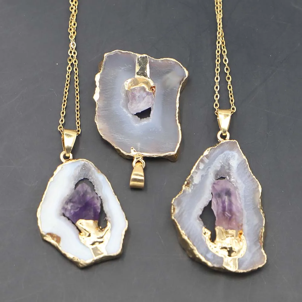 Natural Stone Irregular Agate Necklaces Druzy Amethyst Stainless Steel Chain Pendants Energy Healing Chakra Halo Fashion Jewelry