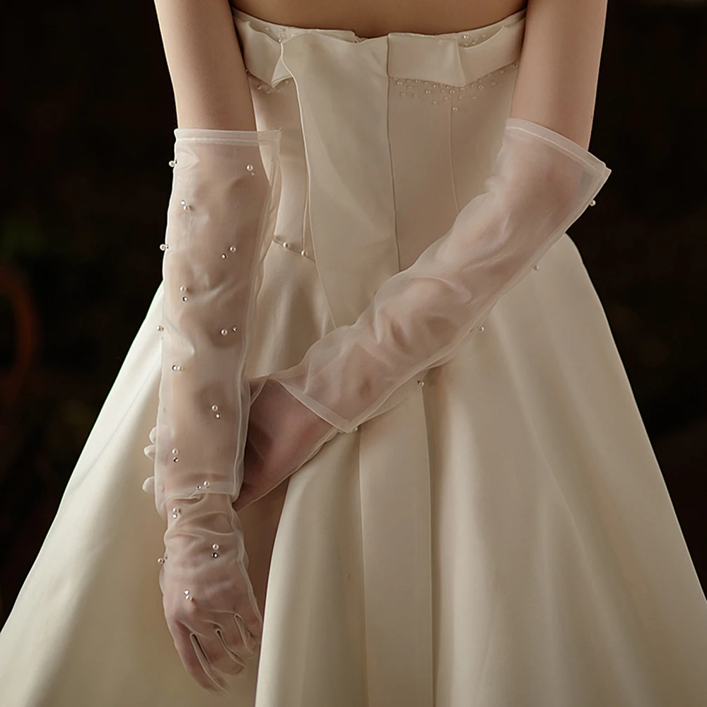 WG077 Wedding Bridal Opera Gloves Tulle Pearls Beading White Bridesmaid Finger Gloves Women Pageant Prom Perform Accessories